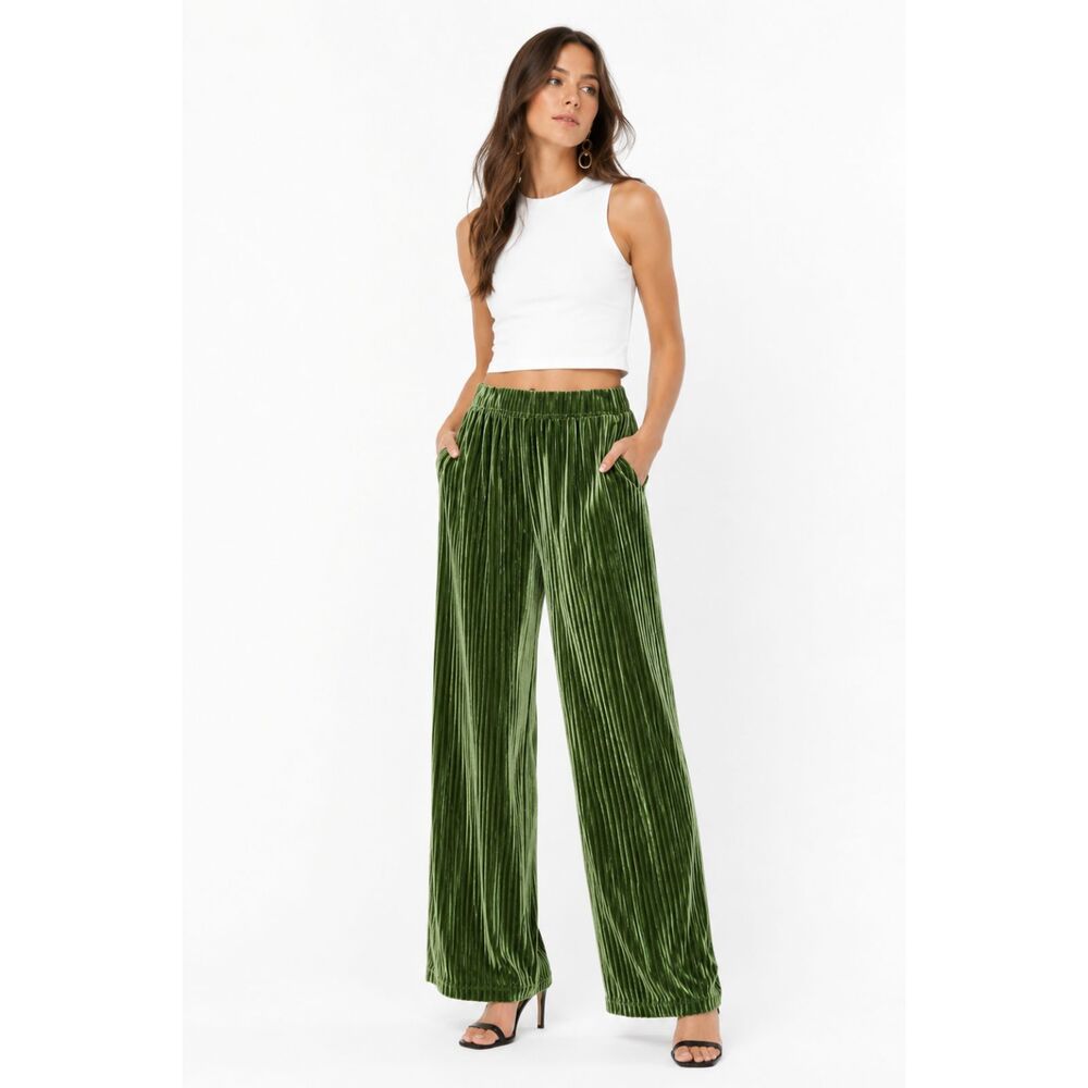 Love Poem Green Velvet Pleated Wide Leg Pants Elastic Waist Y2K Boho Cottage M